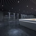 Modern Lobby Interior With Black Striped Ceiling Gray Walls And Curved Reception Desk