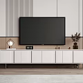 Modern TV Stand With Wall Mounted TV And Decorative Plant On Wooden Striped Wall