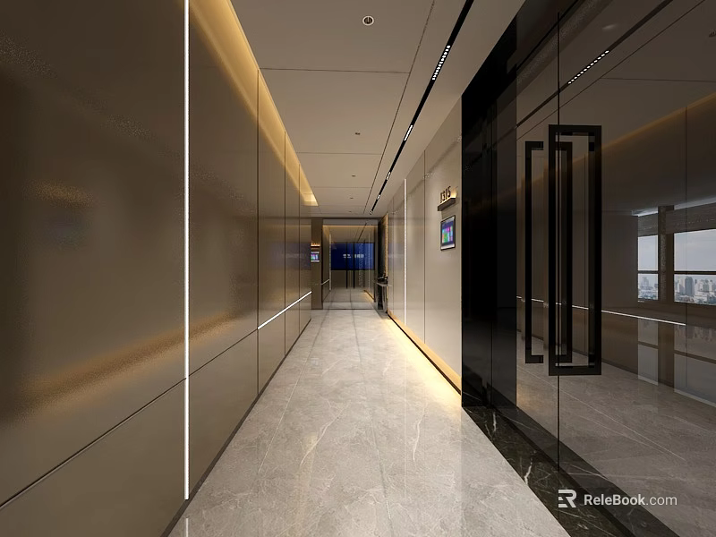 Sleek Modern Office Corridor Interior Design With Glass Walls Recessed Lighting And Marble Flooring 3d model 