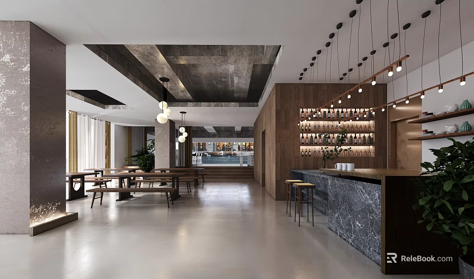 Modern Restaurant Interior With Wooden Walls Marble Bar Pendant Lights And Dining Tables 3d model 