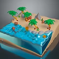 Tropical Beach Landscape with Palm Trees Sand Water Barrels Small Pyramid and Stones