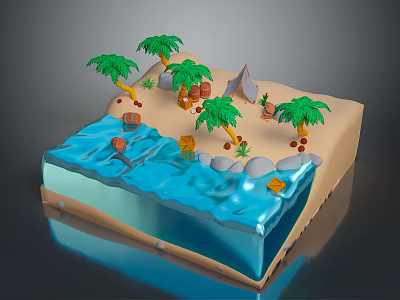 Tropical Beach Landscape with Palm Trees Sand Water Barrels Small Pyramid and Stones 3d model
