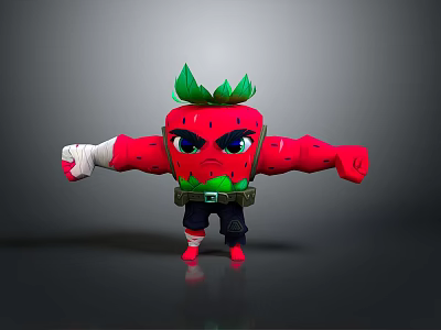 Muscular Strawberry Game Character With Green Leaf Hair Angry Expression Black Belt Bandaged Hands 3d model