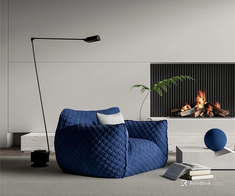 Quilted Blue Casual Sofa Set with Floor Lamp Fireplace Flames and Potted Plant 3d model 