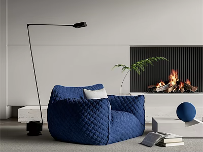 Quilted Blue Casual Sofa Set with Floor Lamp Fireplace Flames and Potted Plant 3d model
