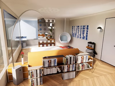 Cozy Double Bed in Modern Room with Bookshelves Floor Lamp and Decorative Paintings 3d model