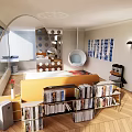 Cozy Double Bed in Modern Room with Bookshelves Floor Lamp and Decorative Paintings