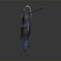 Man In Blue Armor With Cloak And Sword In Fantasy Style Standing