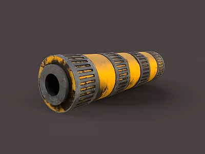 Yellow and Black Cylindrical Metal Weapon with Worn Surface and Central Circular Hole 3d model