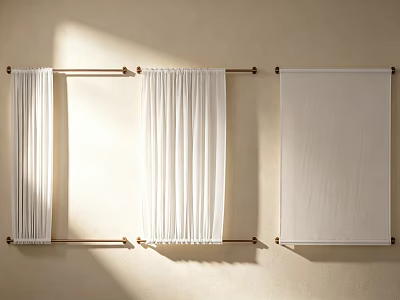 White Curtain Designs On Beige Wall With Metal Rods And Different Styles 3d model