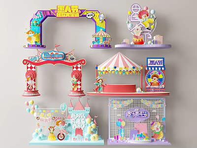 Colorful Carnival Themed Decorative Props With Cartoon Characters Arch Booth Castle And Playful Designs 3d model