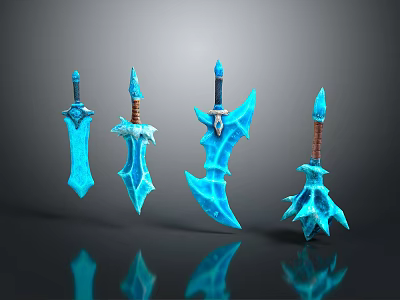 Blue Ice Crystal Decorative Weapons With Ornate Blades And Handles 3d model