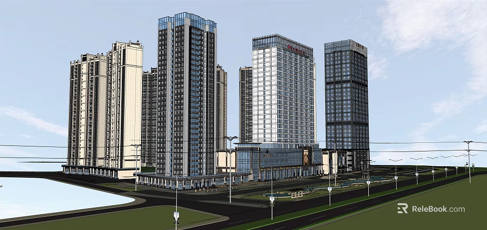 Modern High Rise Commercial Residential Complex With Glass Facade And Roadside Greenery 3d model 