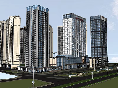 Modern High Rise Commercial Residential Complex With Glass Facade And Roadside Greenery 3d model