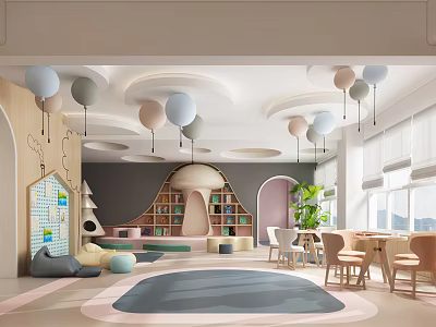Kindergarten Interior Design With Colorful Balloons Bookshelf Soft Cushions And Play Rug 3d model
