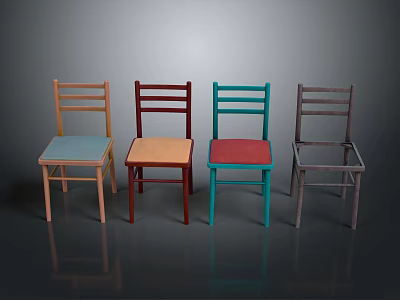 Four Colorful Wooden Chairs With Simple Back Design And Varied Seat Colors 3d model
