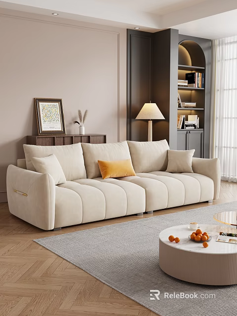 Beige Three Seater Sofa With Plush Cushions Yellow Accent Pillow Floor Lamp Bookshelf And Wall Art 3d model 