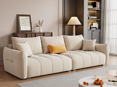 Beige Three Seater Sofa With Plush Cushions Yellow Accent Pillow Floor Lamp Bookshelf And Wall Art 3d model