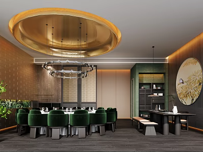 Banquet Hall With Golden Circular Ceiling Chandelier Green Chairs And Round Dining Table 3d model