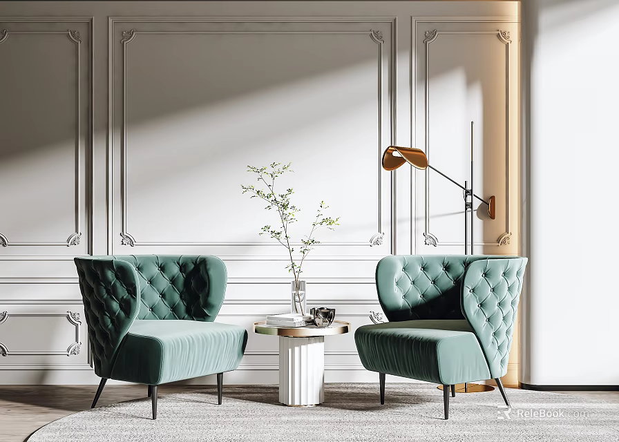 Leisure Sofa Set with Velvet Green Armchairs Round Coffee Table Floor Lamp and Decorative Wall 3d model 