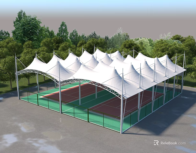 Tensile Membrane Roof Structure Covering Outdoor Tennis Court Surrounded by Green Trees 3d model 