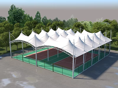 Tensile Membrane Roof Structure Covering Outdoor Tennis Court Surrounded by Green Trees 3d model