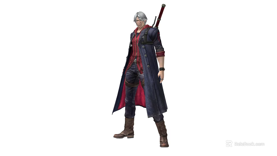Silver Haired Game Character In Black Red Coat Holding Long Sword Standing Pose 3d model 