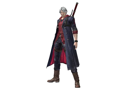 Silver Haired Game Character In Black Red Coat Holding Long Sword Standing Pose 3d model