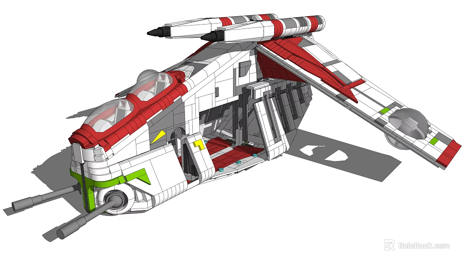3D Designed Sci Fi Starship Model With Red White Green Cockpit And Wings 3d model 