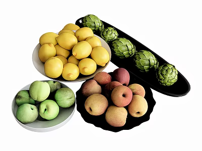 Assorted Fresh Fruits Lemons Green Apples Peaches Artichokes On White Bowls Black Platter Plate 3d model