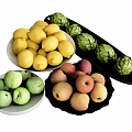 Assorted Fresh Fruits Lemons Green Apples Peaches Artichokes On White Bowls Black Platter Plate