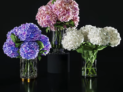 Colorful Hydrangea Flowers In Glass Vases Decorative Arrangement With Purple Pink White Blooms 3d model