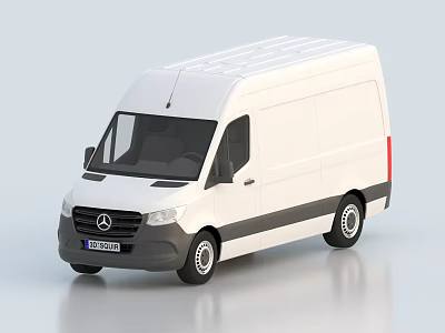 White Mercedes Commercial Van With Roof Rack Side Doors And Front Grille Design 3d model