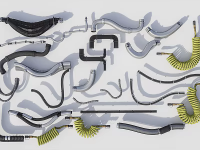Flexible Industrial Hoses In Black Silver Yellow With Curved Straight Shapes 3d model