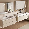 Modern Bathroom Vanity With Double Washbasins Mirrors Light Wood Cabinets And Potted Plant
