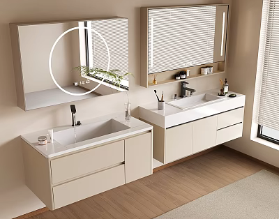 Modern Bathroom Vanity With Double Washbasins Mirrors Light Wood Cabinets And Potted Plant 3d model