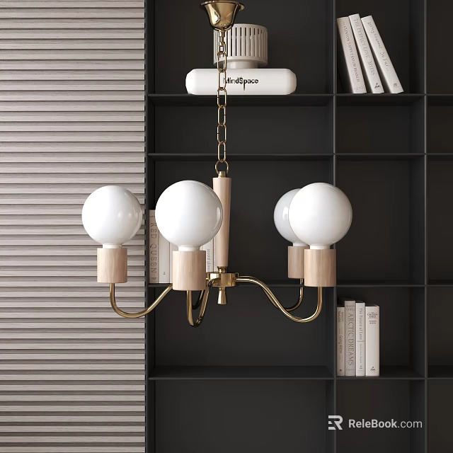 Modern Pendant Light With White Globe Shades Gold Frame Wooden Accents And Dark Bookshelf Interior 3d model 