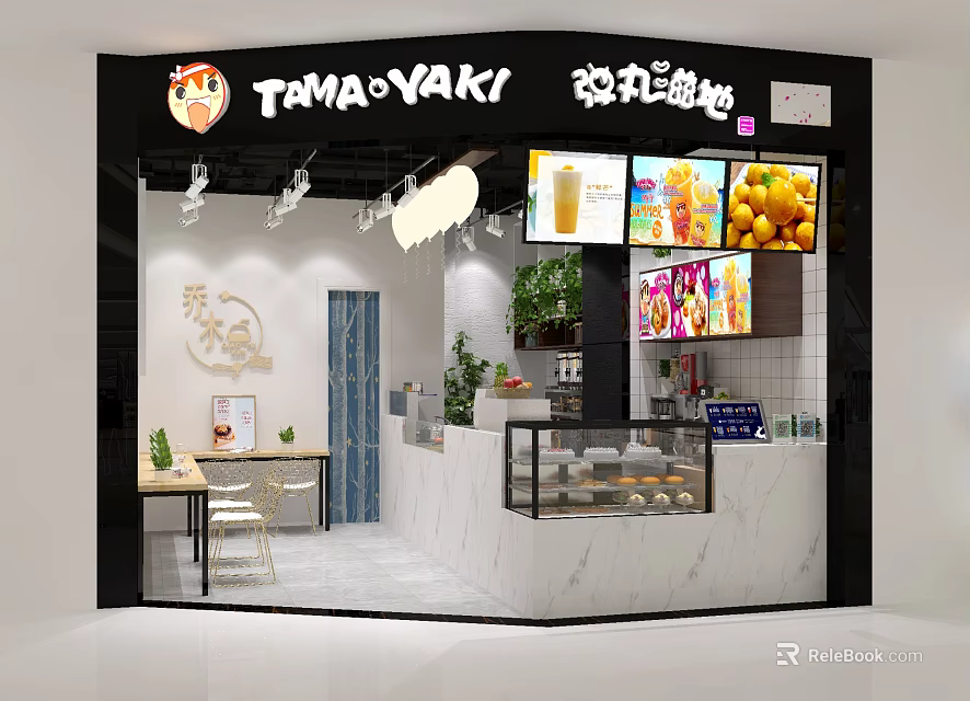 Modern Milk Tea Shop Interior Featuring Fresh Fruit Drinks Desserts Marble Counter and Green Plants 3d model 