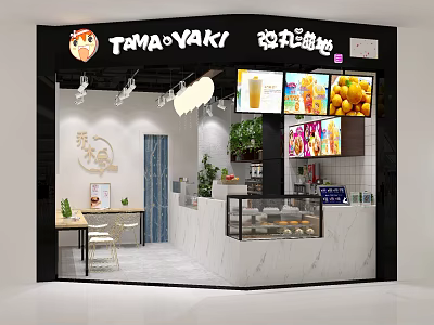 Modern Milk Tea Shop Interior Featuring Fresh Fruit Drinks Desserts Marble Counter and Green Plants 3d model