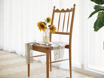 Wooden Leisure Chair With Lace Decoration Sunflowers In Vase Against White Curtains And Wooden Floor 3d model