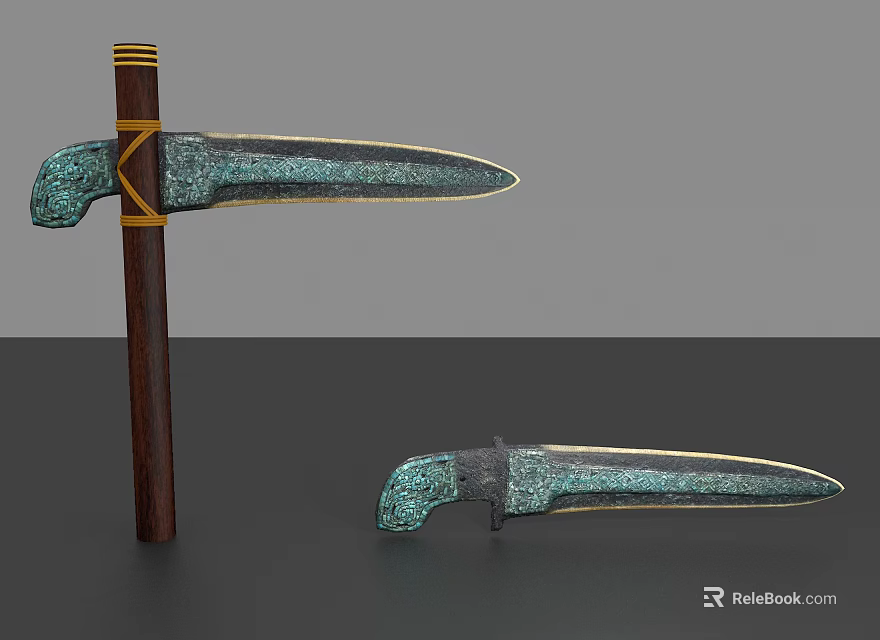 Vintage Bronze Dagger Ornament Decoration Set With Green Patina And Wooden Pole 3d model 