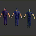 Three Standing Game And Movie Character Models In Blue Police Uniform With Reflections