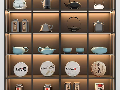 Assorted Tea Wares Display On Shelves With Teapots Cups And Tea Cakes 3d model