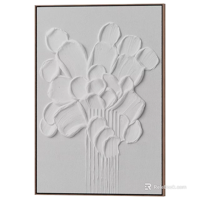 Abstract White Wall Decor With Thick Textured Brushstrokes And Wooden Frame 3d model 