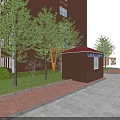 New Era Red Office Building with Community Service Center Guard House Trees and Parking Lot