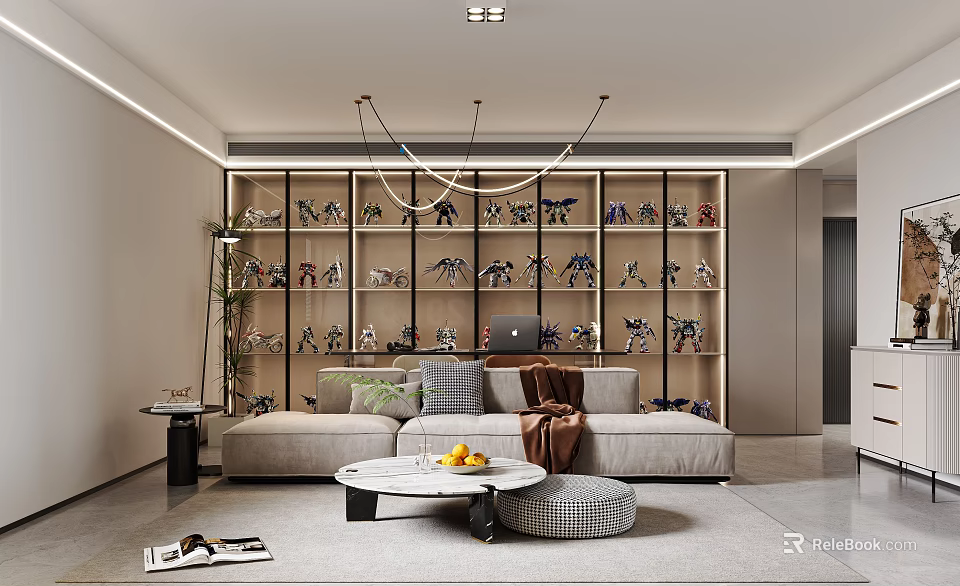 Modern Living Room Featuring Illuminated Display Cabinet With Figurines Cozy Sofa And Round Coffee Table 3d model 