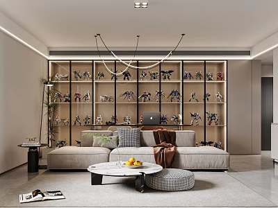 Modern Living Room Featuring Illuminated Display Cabinet With Figurines Cozy Sofa And Round Coffee Table 3d model