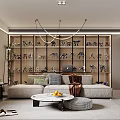 Modern Living Room Featuring Illuminated Display Cabinet With Figurines Cozy Sofa And Round Coffee Table