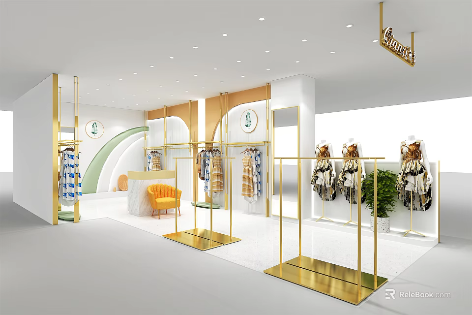 Modern Clothing Store Interior With Golden Racks Apparel Display Orange Chair And Green Plants 3d model 