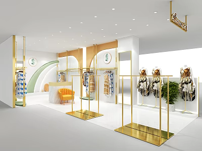Modern Clothing Store Interior With Golden Racks Apparel Display Orange Chair And Green Plants 3d model